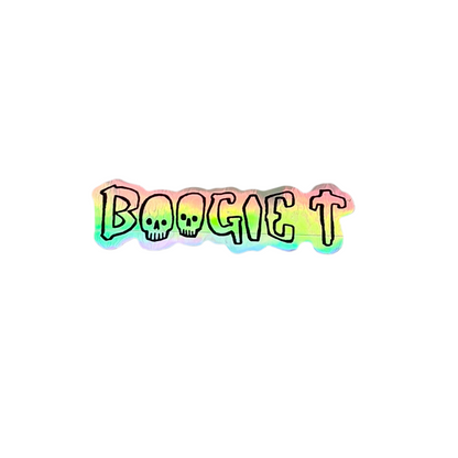 Colorful 'BOOGIE T' sticker on a white background.