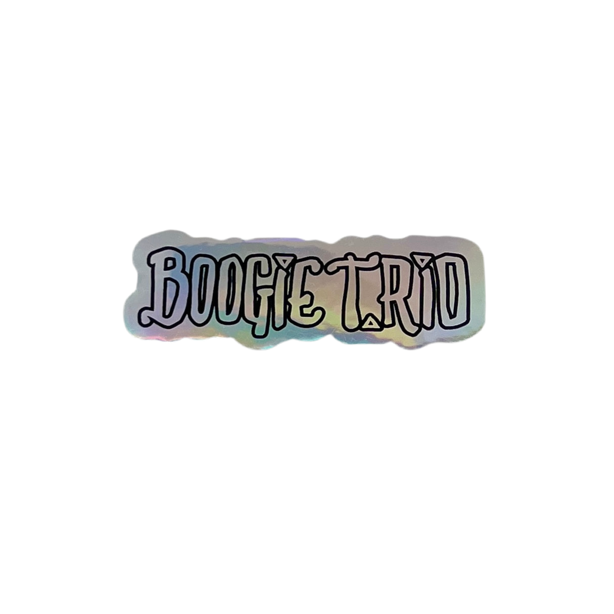 Holographic 'Boogie Trio' sticker on a white background.