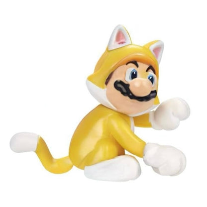 Toy figure of a character in a yellow outfit with a white hat on a white background.