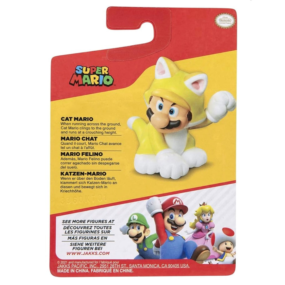 Super Mario Cat Mario figure packaging with character illustrations on a white background.