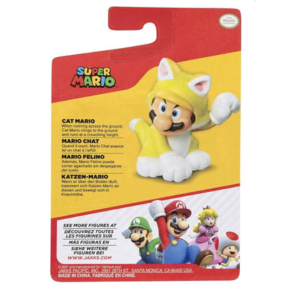 Super Mario Cat Mario figure packaging with character illustrations on a white background.