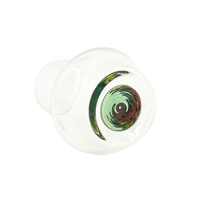 Clear handblown glass cup with an orange & green wig wag design on the base