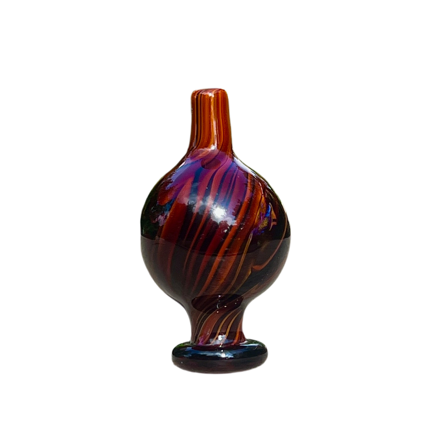 Decorative glass cap with marbled design on a white background.