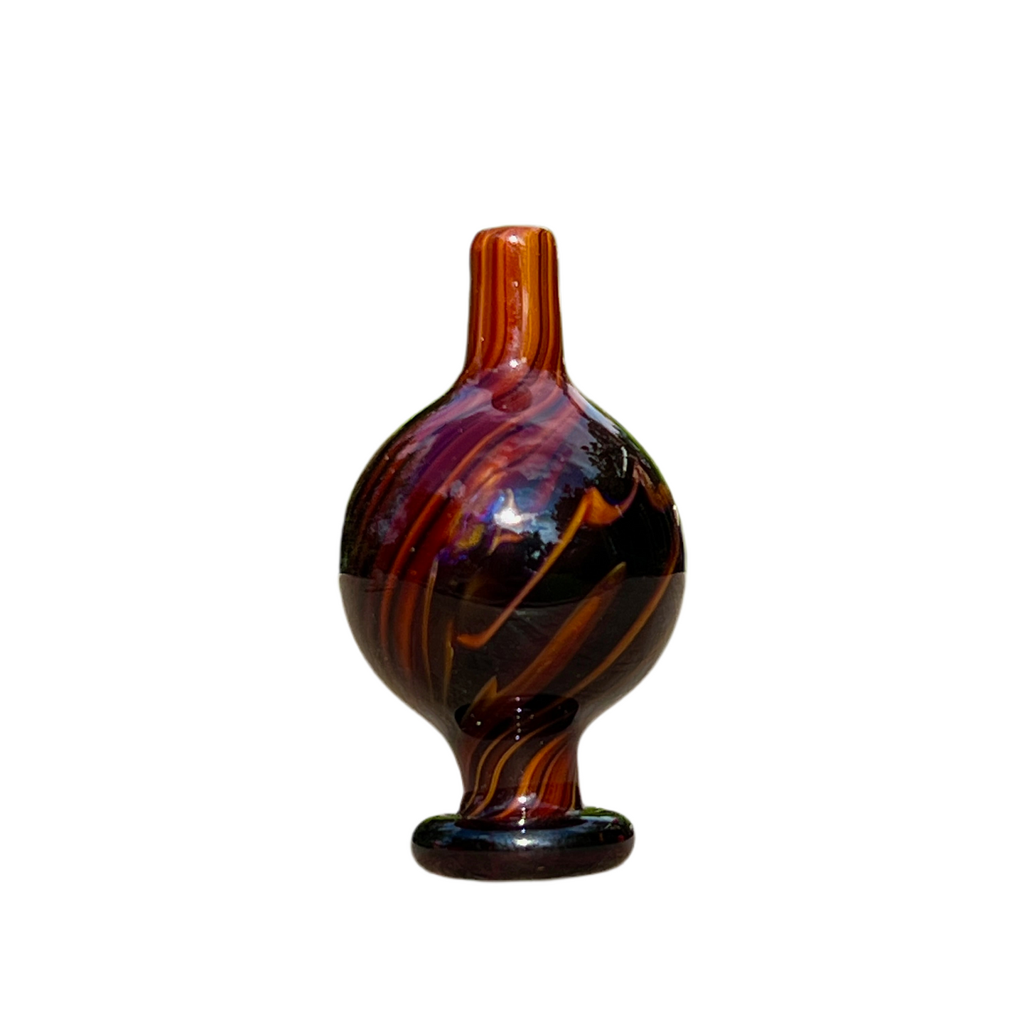 Decorative glass cap with marbled pattern on a white background.