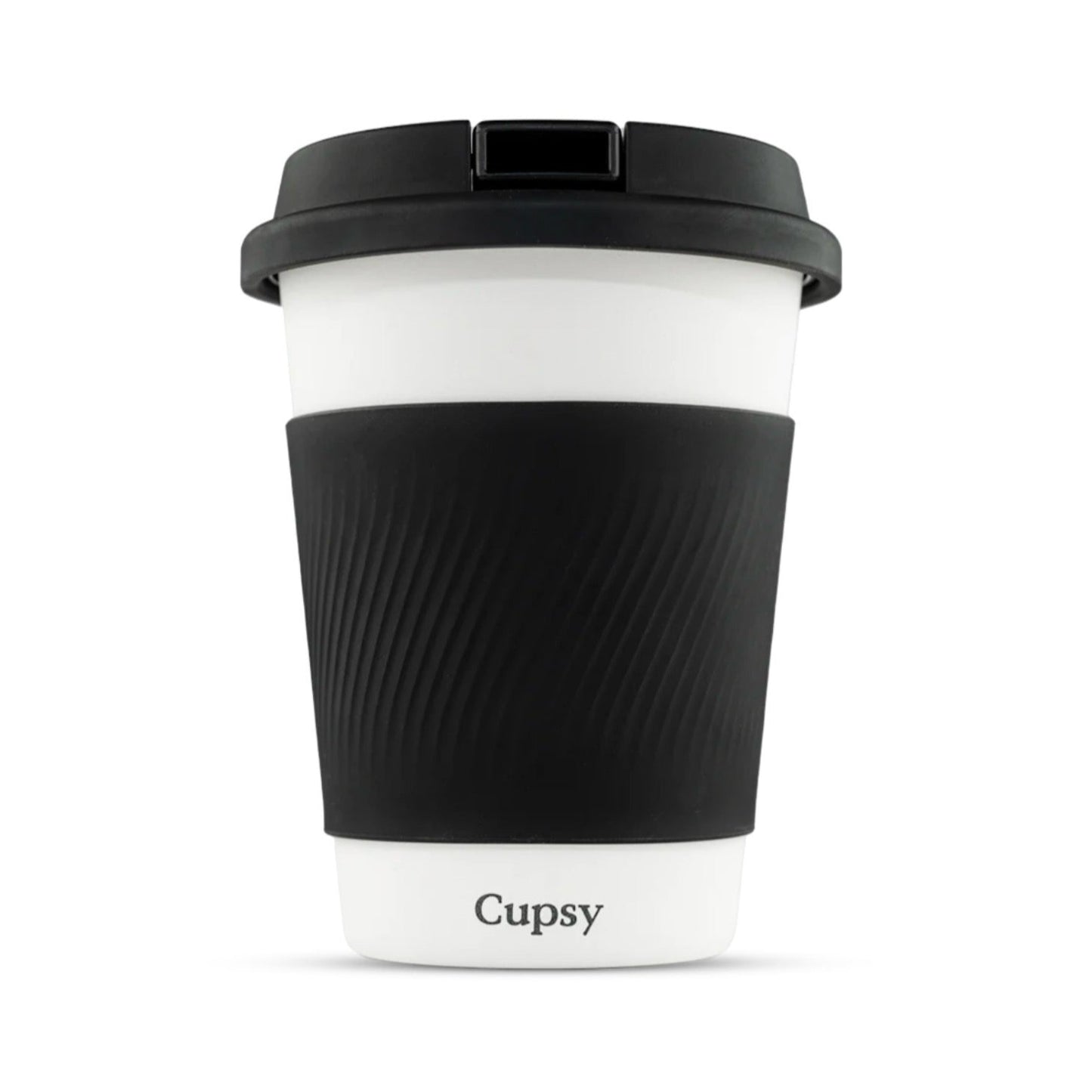 Black and white reusable coffee cup with 'Cupsy' branding on a white background.