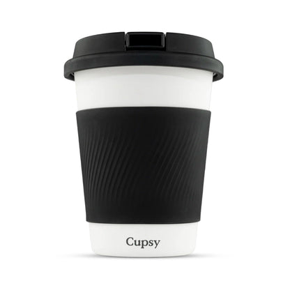 Black and white reusable coffee cup with 'Cupsy' branding on a white background.