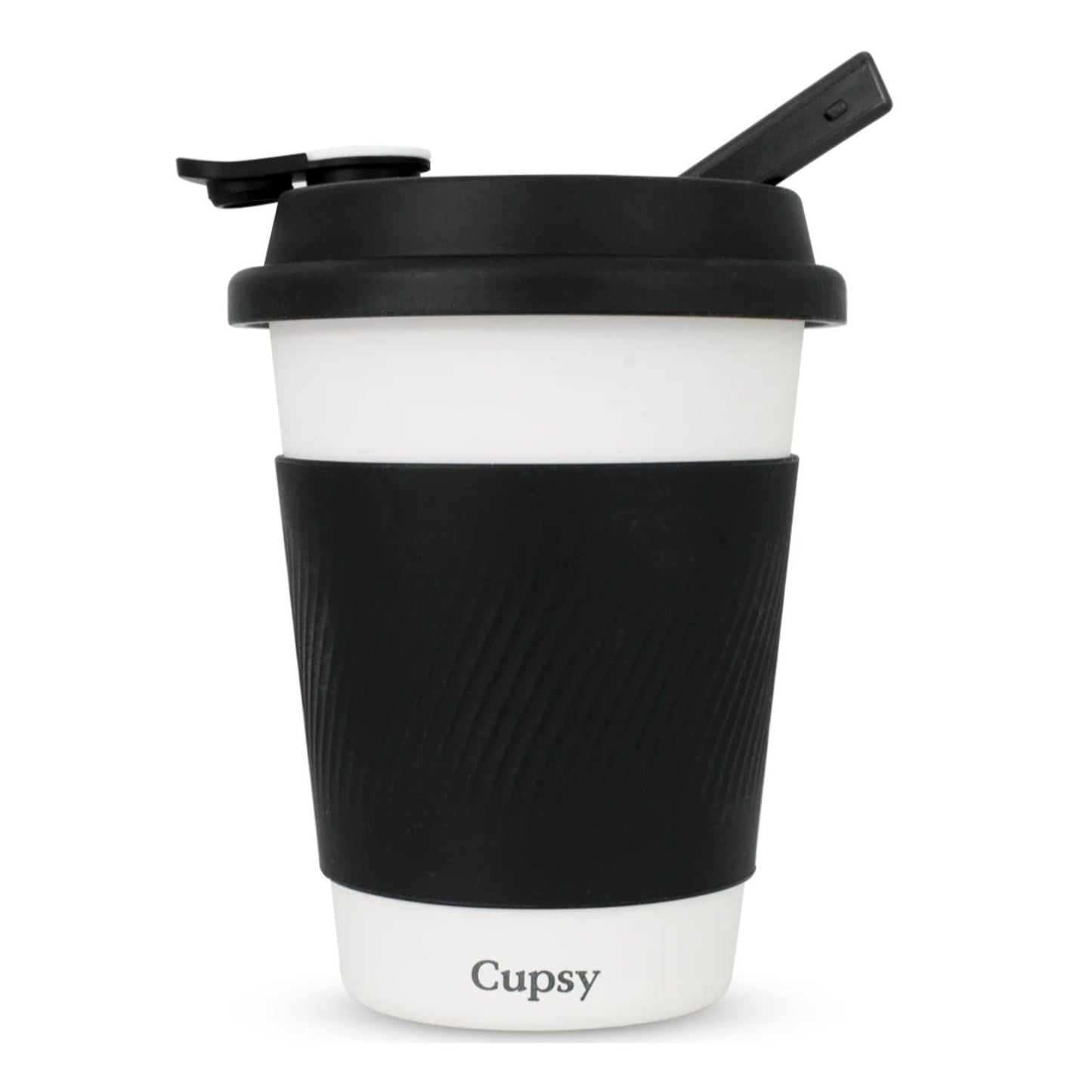 Black and white reusable coffee cup with a straw lid on a white background.