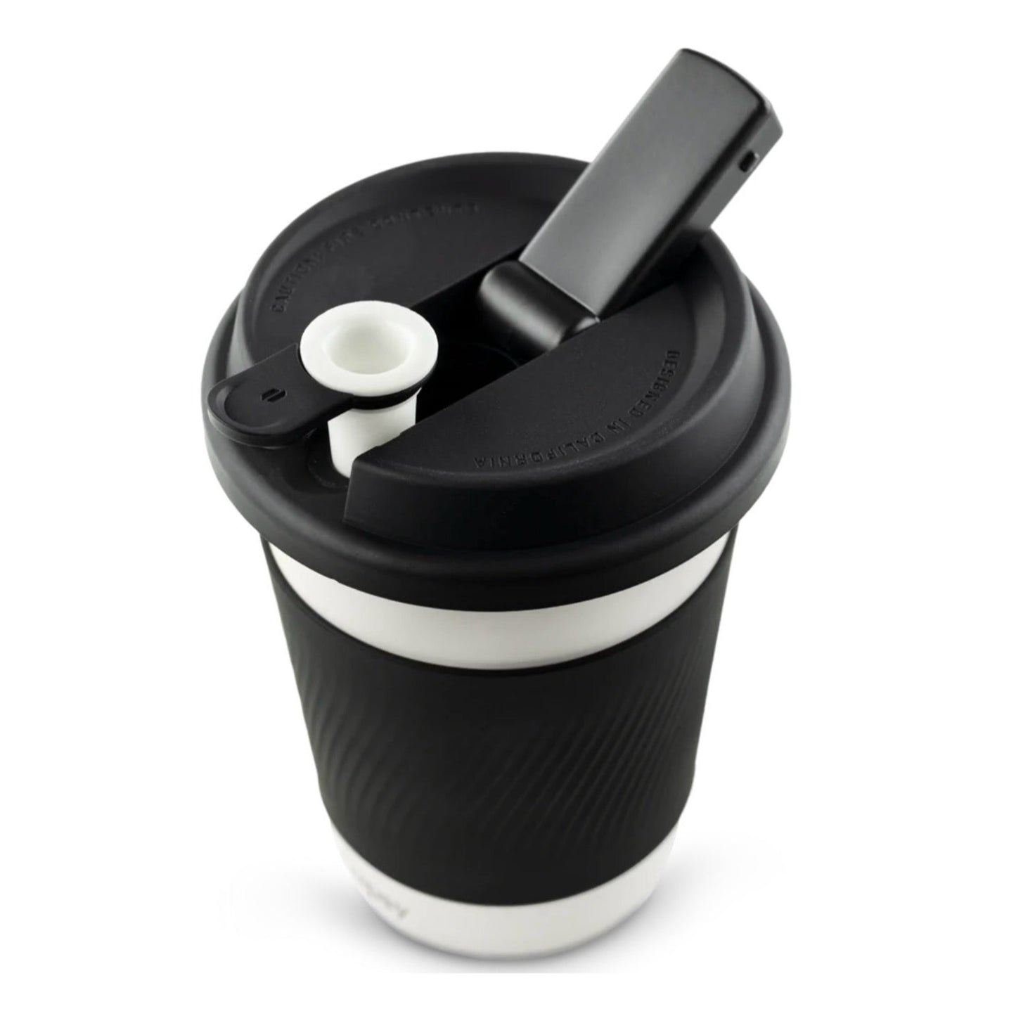 Black and white tumbler with a clip on lid on a white background.