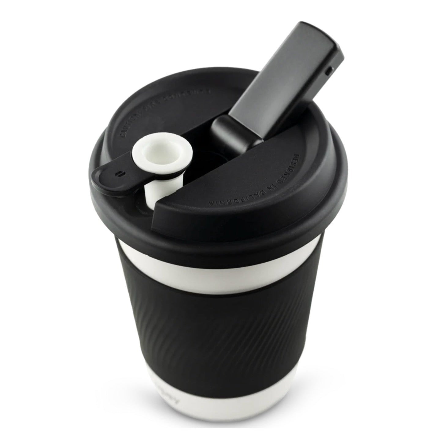 Black and white tumbler with a clip on lid on a white background.