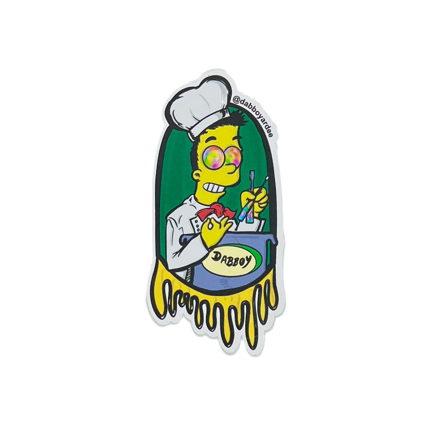 Sticker featuring a cartoon character with a chef hat and colorful design on a white background.