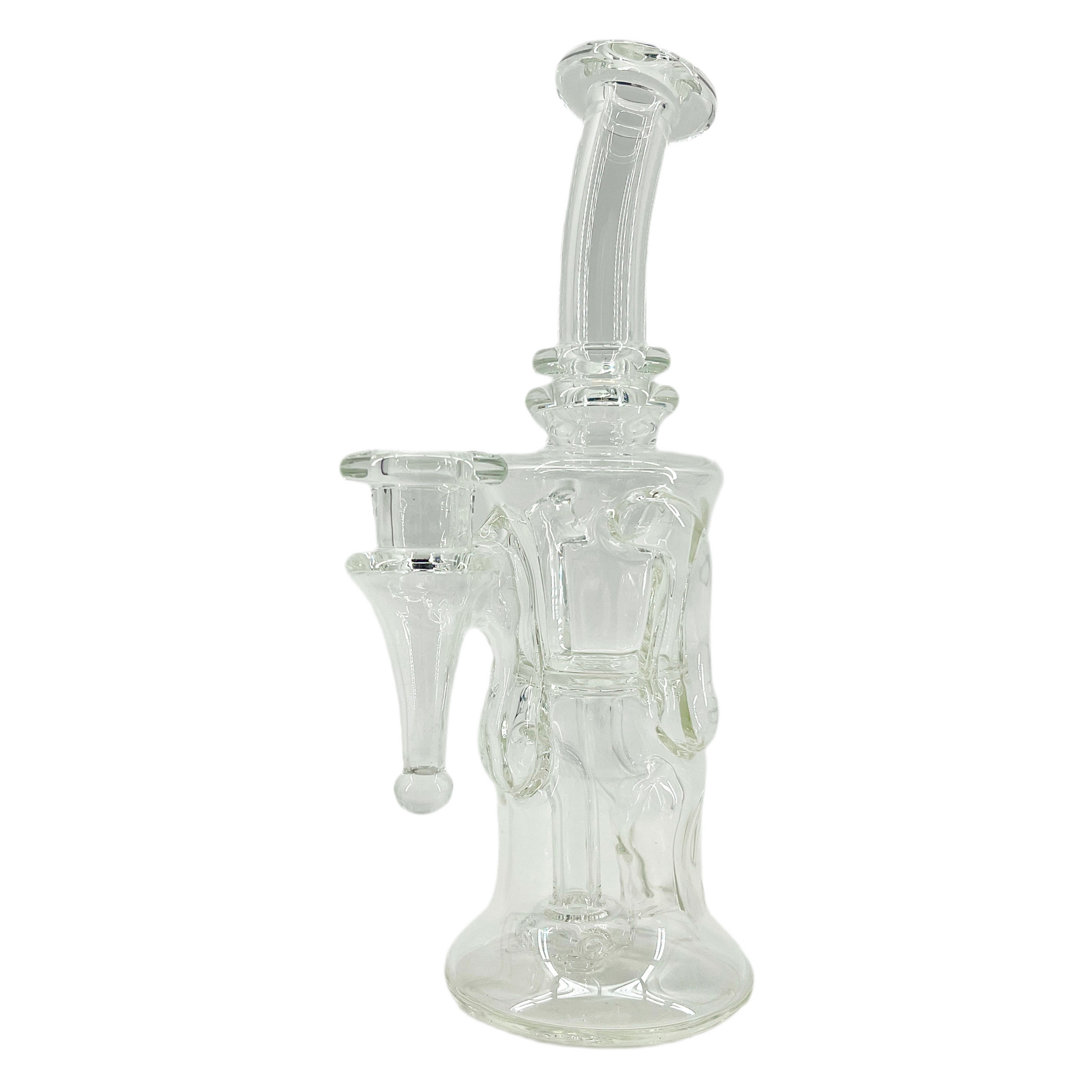 A transparent glass pipe with a unique design, featuring a 5-hole perc and a structure resembling a gillcycler. It has a curved mouthpiece and a small side arm.