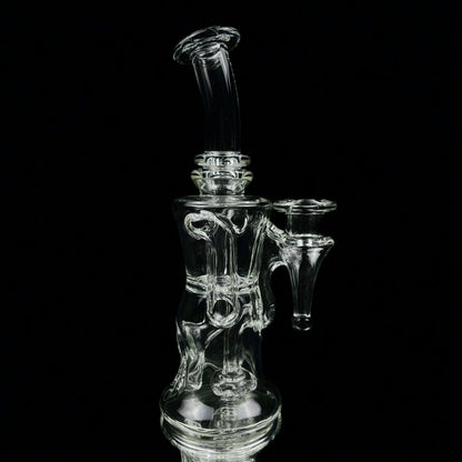 A transparent glass pipe with intricate design, featuring a 5-hole perc and a small side arm, against a black background.