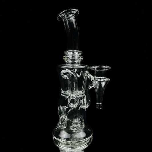 A transparent glass pipe with intricate design, featuring a 5-hole perc and a small side arm, against a black background.