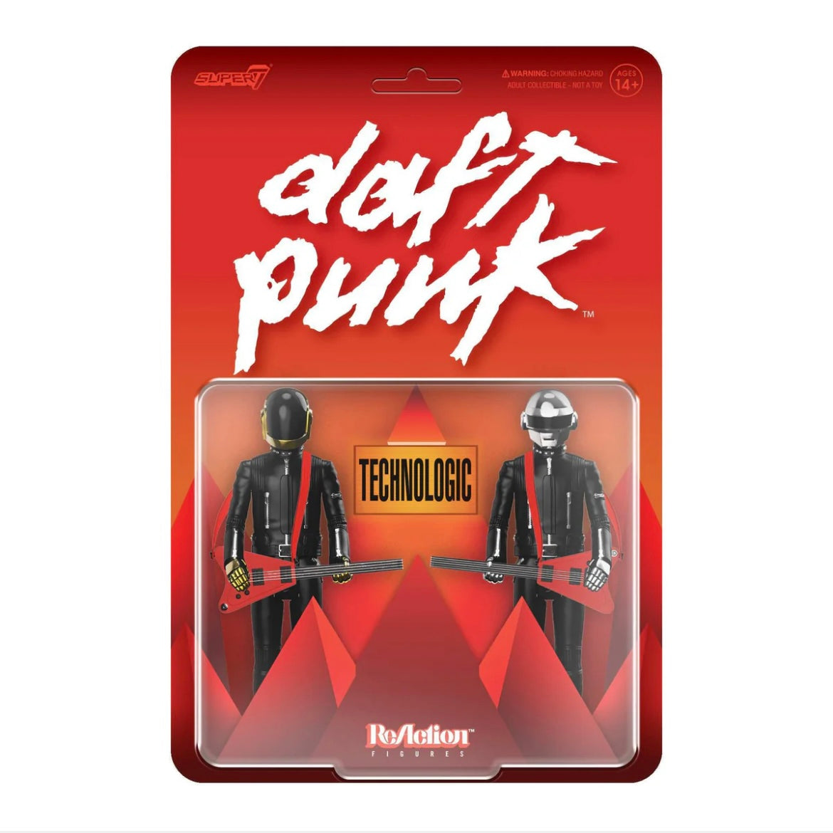 Daft Punk action figure packaging with red background and 'daft punk' text.