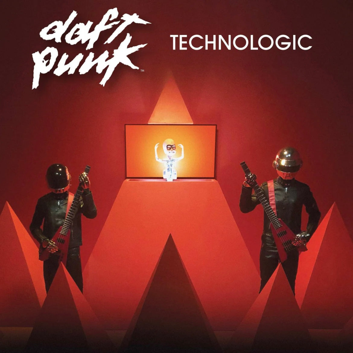 Album cover for 'Technologic' by Daft Punk with two figures and a screen displaying a character.