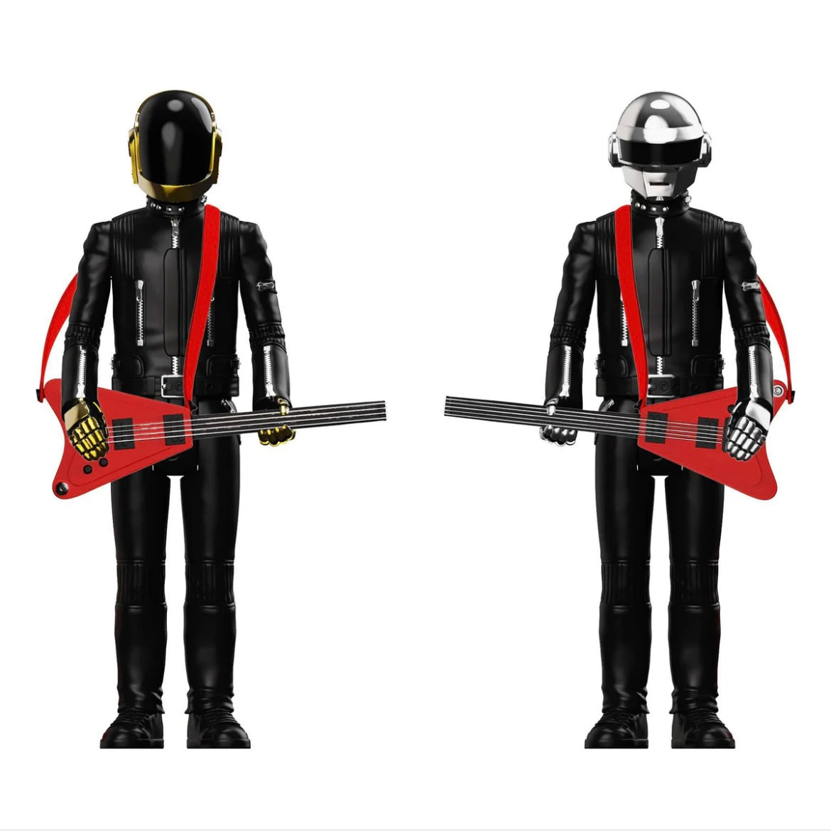 Two figures in black suits with red accents holding guitars on a white background