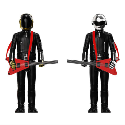 Two figures in black suits with red accents holding guitars on a white background