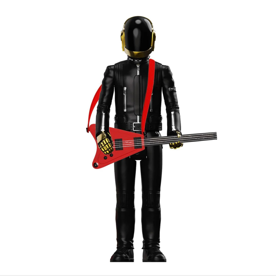 Action figure in black and red outfit holding a red guitar on a white background