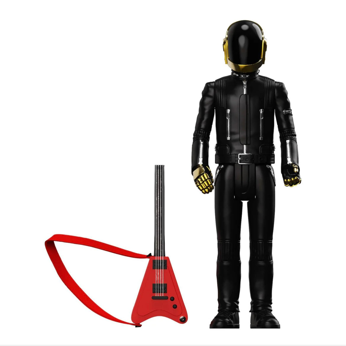Black astronaut suit with gold accents and a red guitar on a white background