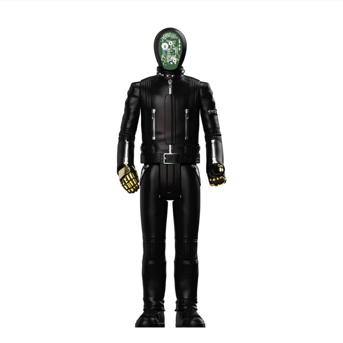 Black futuristic suit with green helmet on a white background