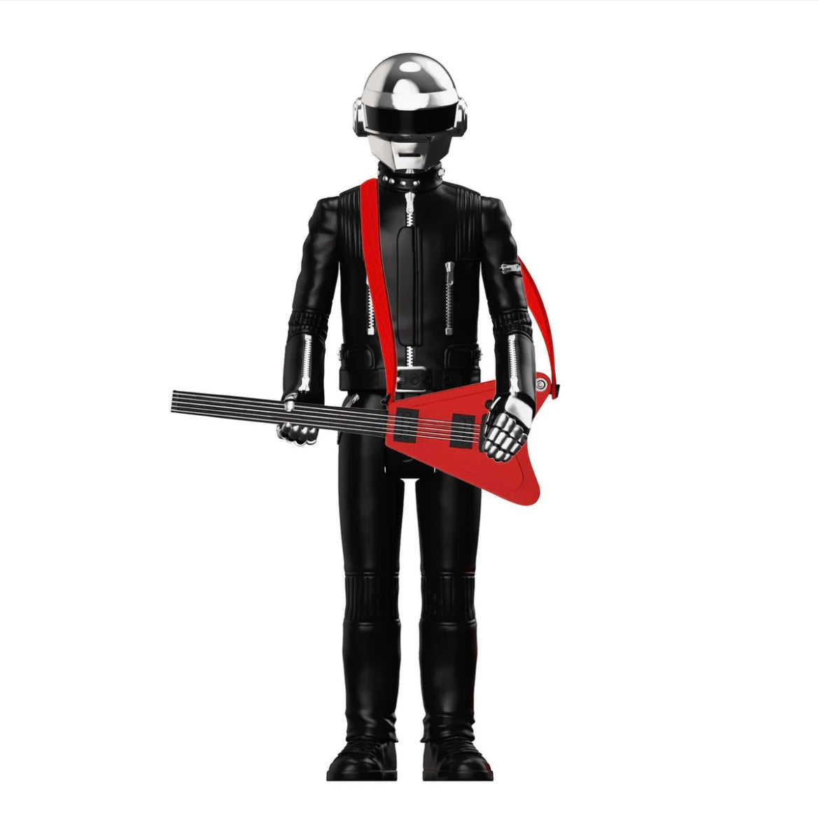Action figure in black and silver outfit with red guitar on a white background