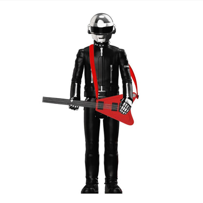 Action figure in black and silver outfit with red guitar on a white background