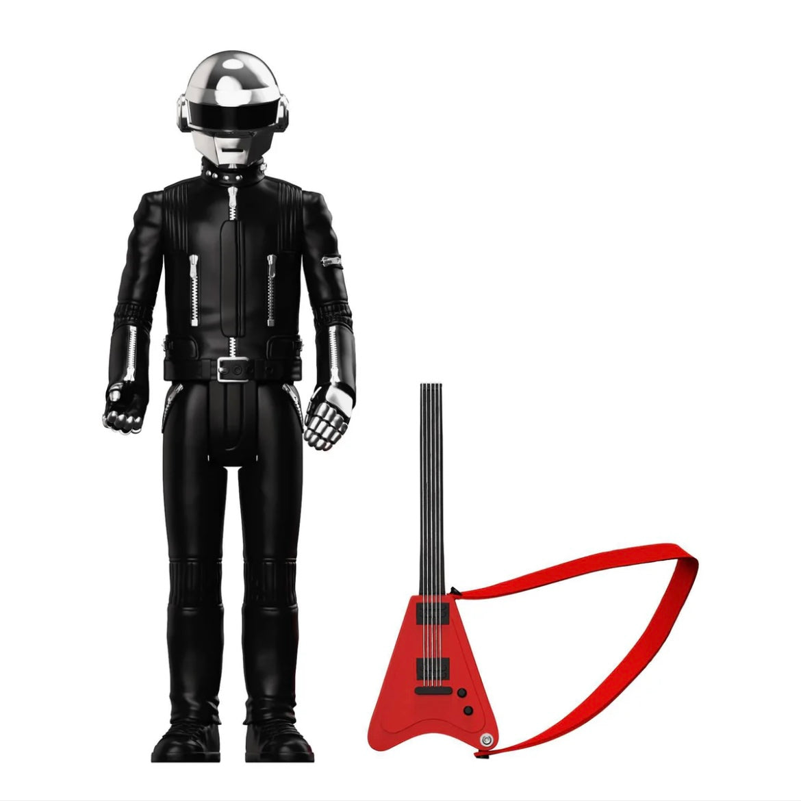 Black robot figure with a red guitar on a white background
