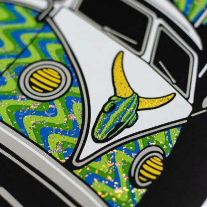 Decorative badge with a van and abstract design on a colorful background