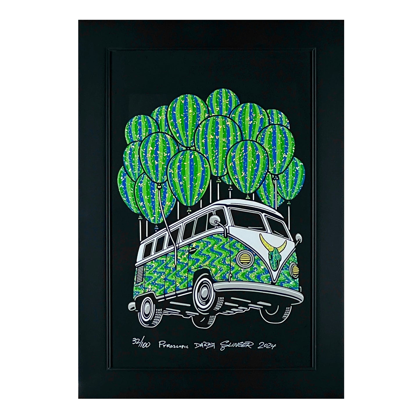 Framed artwork of a van with watermelon design and balloons on a black background