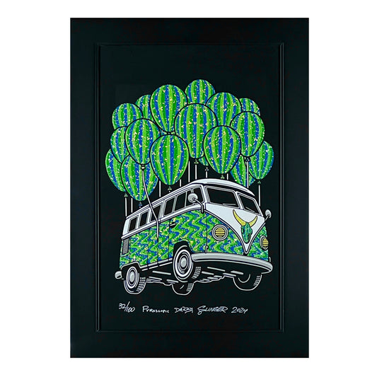 Framed artwork of a van with watermelon design and balloons on a black background