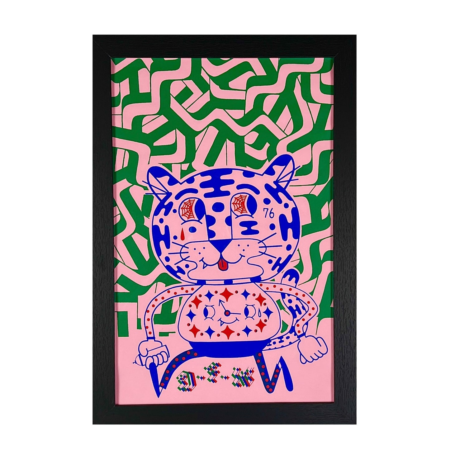 Framed artwork with a colorful tiger design on a pink background.