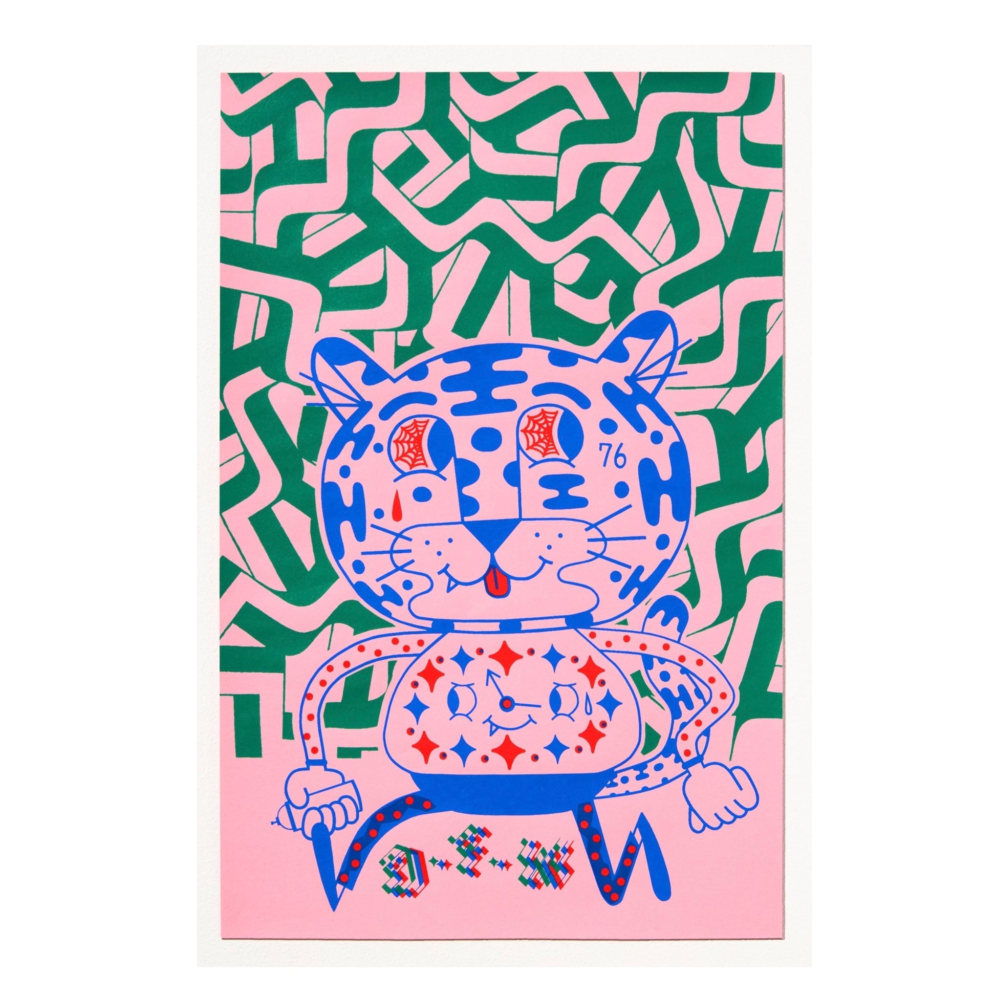 Colorful illustration of a stylized cat with abstract patterns on a pink background.