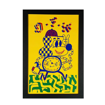 Colorful abstract artwork with a character on a yellow background.