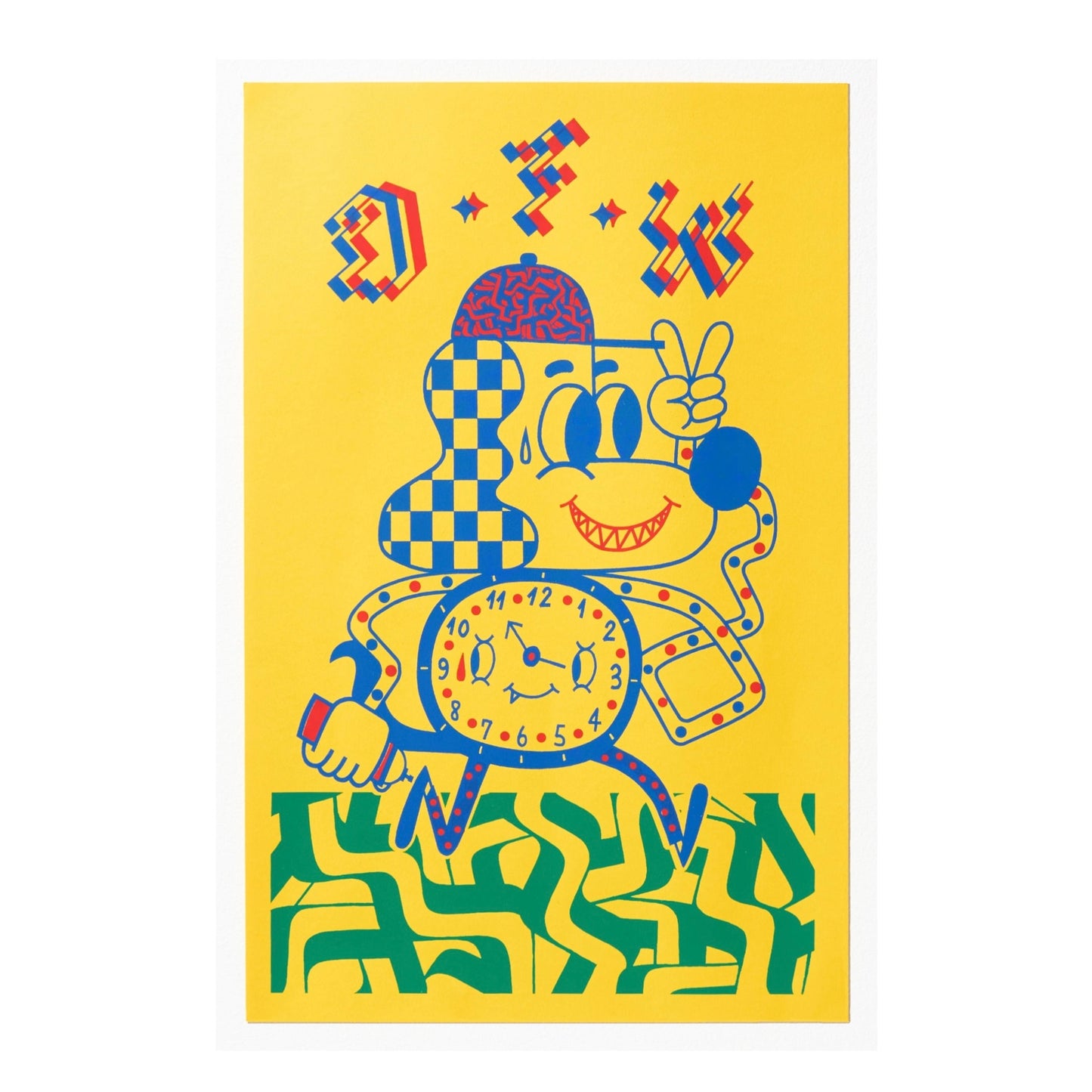 Colorful abstract design with a central character on a yellow background.