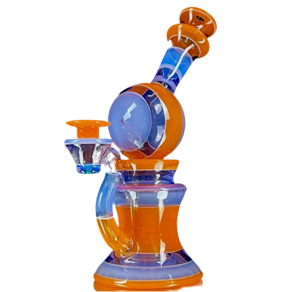 A colorful glass piece with a percolator and a bent tube, featuring blue, orange, and purple hues, displayed against a white background.