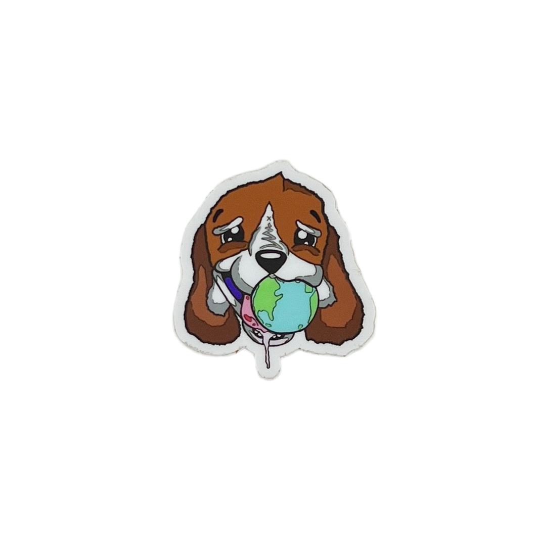 Sticker featuring a cartoon dog holding a globe on a white background.