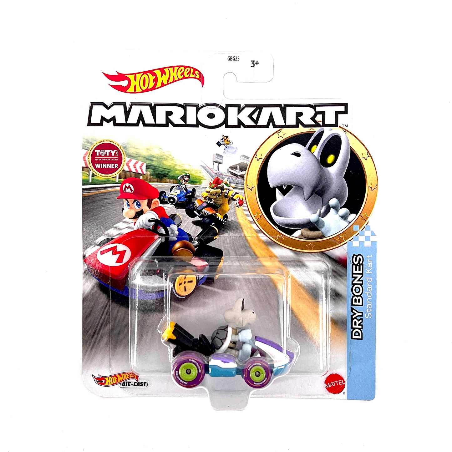 A die-cast toy model of Mario Kart's Dry Bones Standard Kart, predominantly purple with black and yellow details, on a white background.