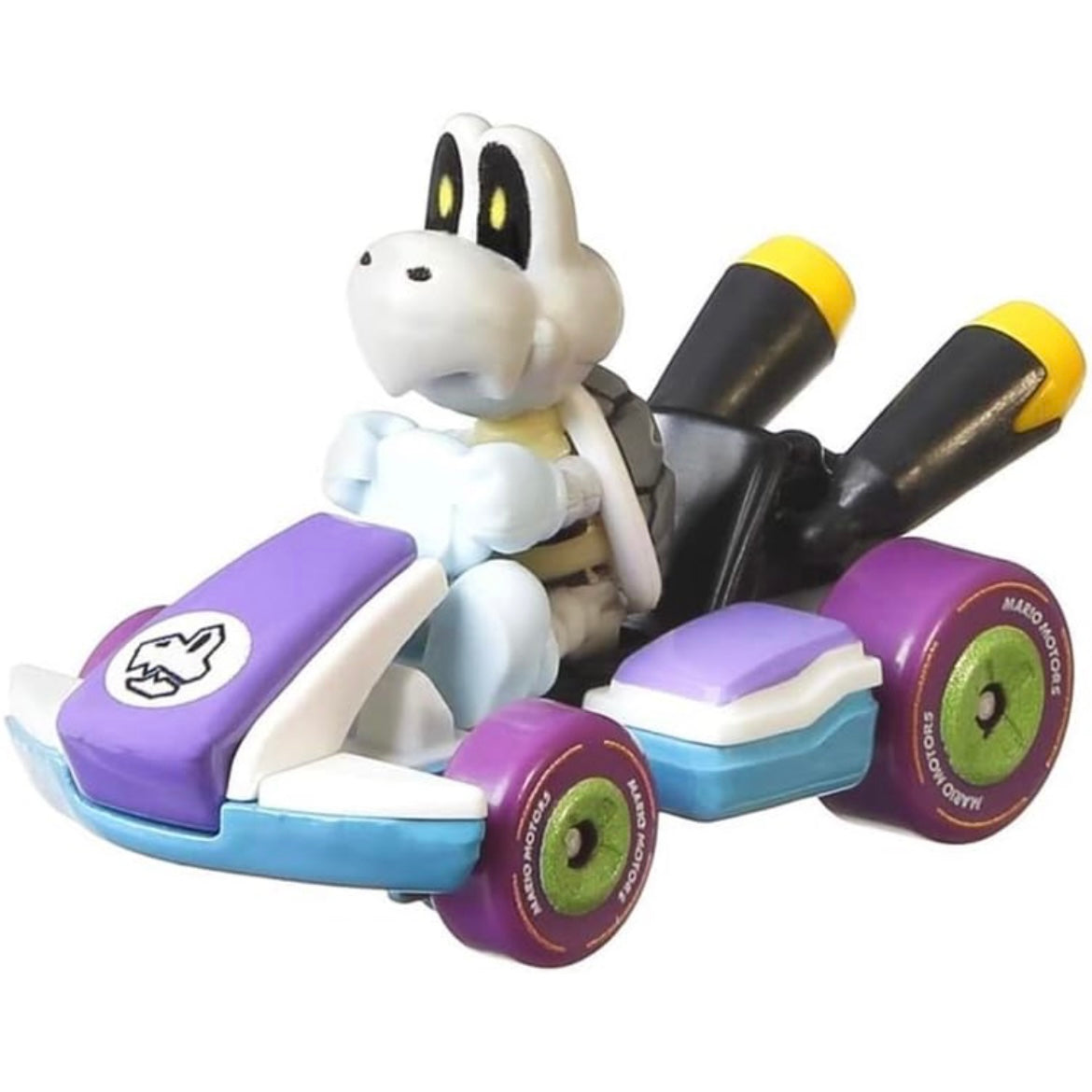 A die-cast toy model of Mario Kart's Dry Bones Standard Kart, predominantly purple with black and yellow details, on a white background.