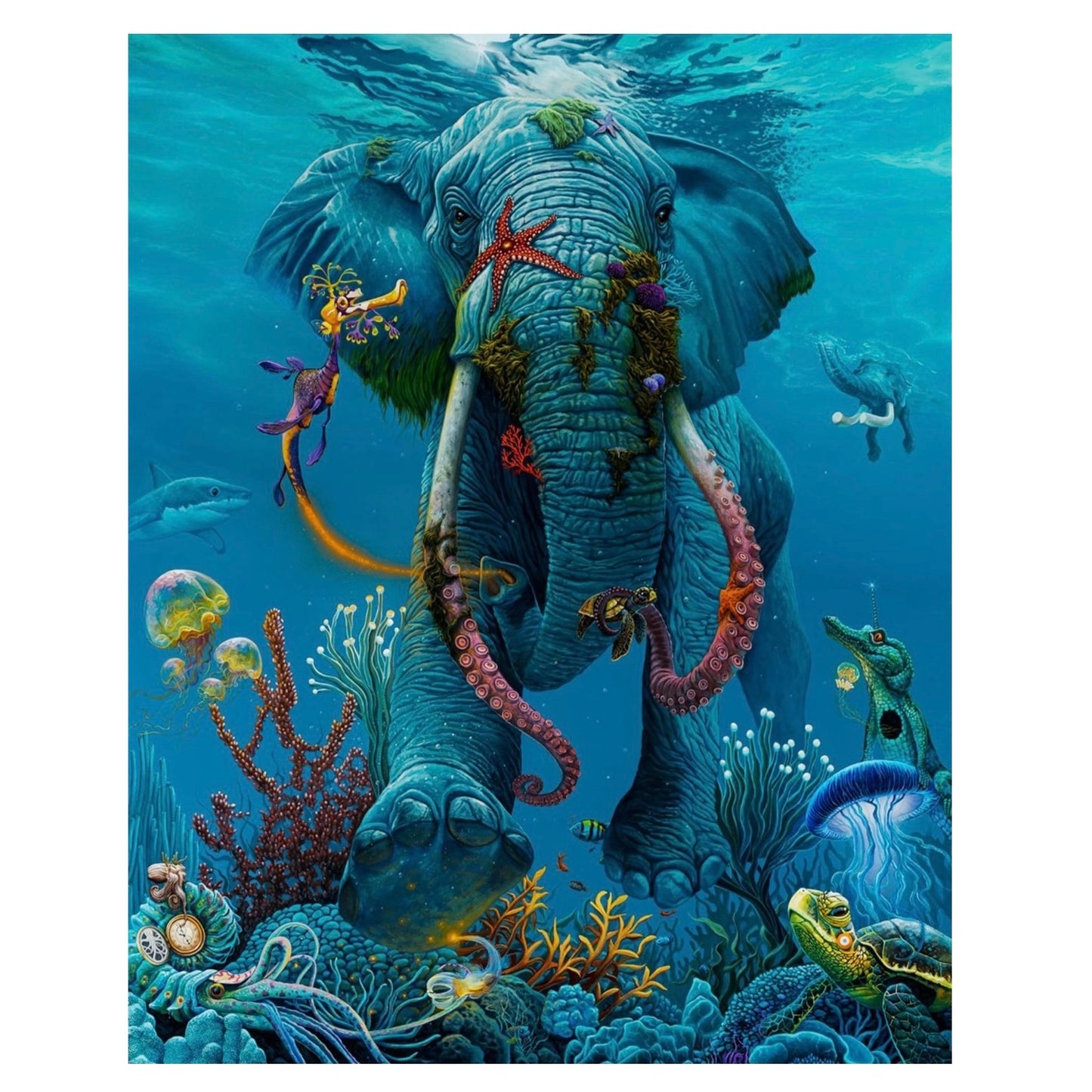 An artistic print depicting a colorful underwater scene with a central elephant figure surrounded by fish and coral.