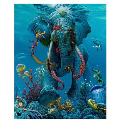 An artistic print depicting a colorful underwater scene with a central elephant figure surrounded by fish and coral.