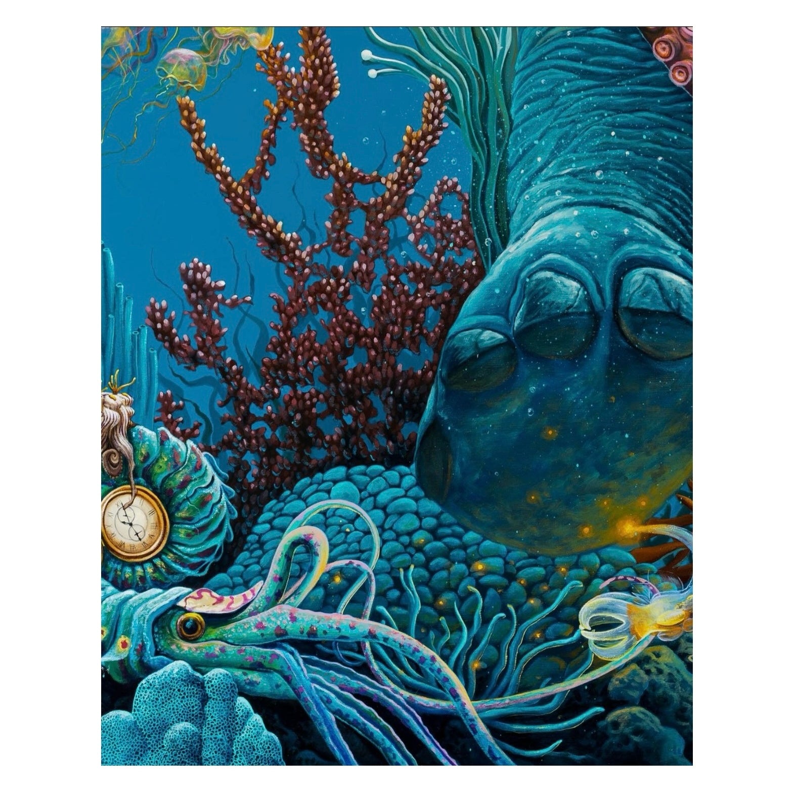 A close up of an artistic print depicting a colorful underwater scene with a central elephant figure surrounded by fish and coral.