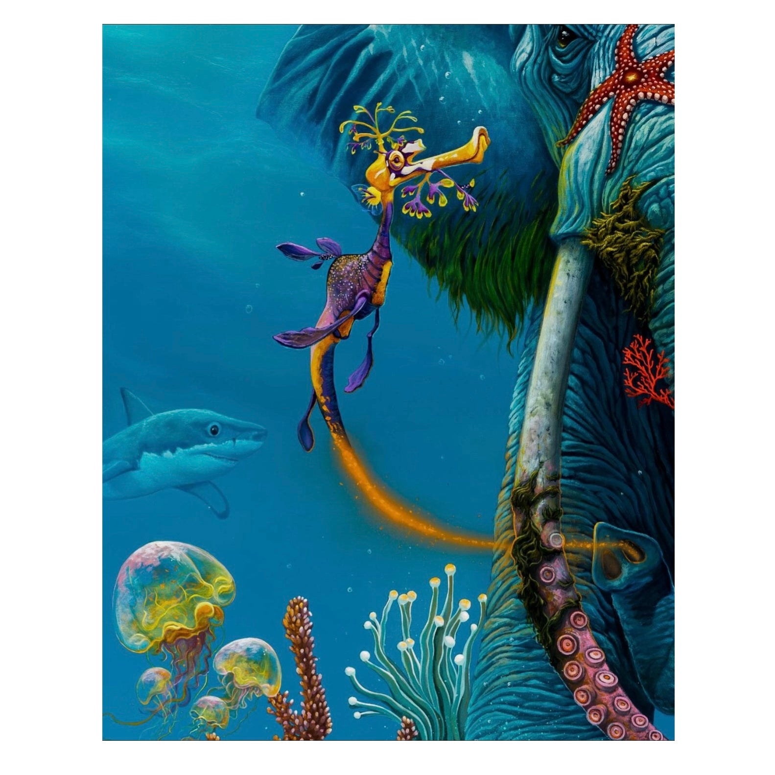 A close up of an artistic print depicting a colorful underwater scene with a central elephant figure surrounded by fish and coral.