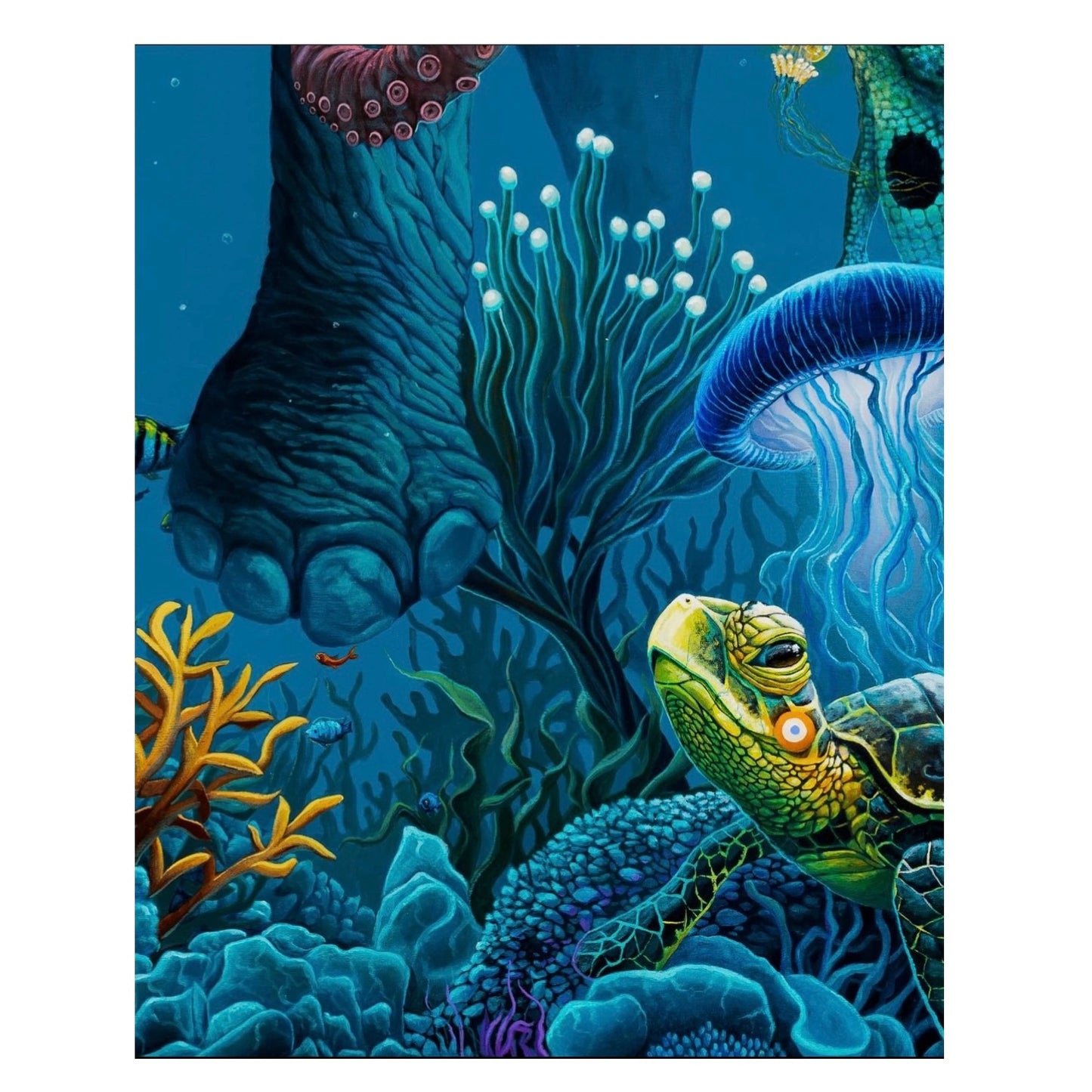 A close up of an artistic print depicting a colorful underwater scene with a central elephant figure surrounded by fish and coral.