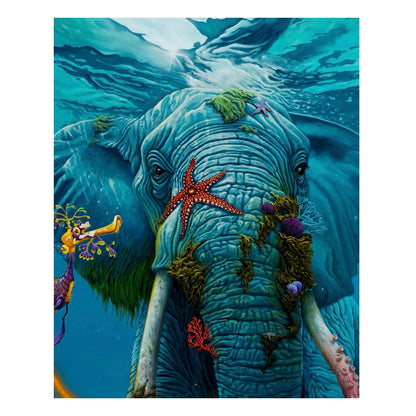 A close up of an artistic print depicting a colorful underwater scene with a central elephant figure surrounded by fish and coral.