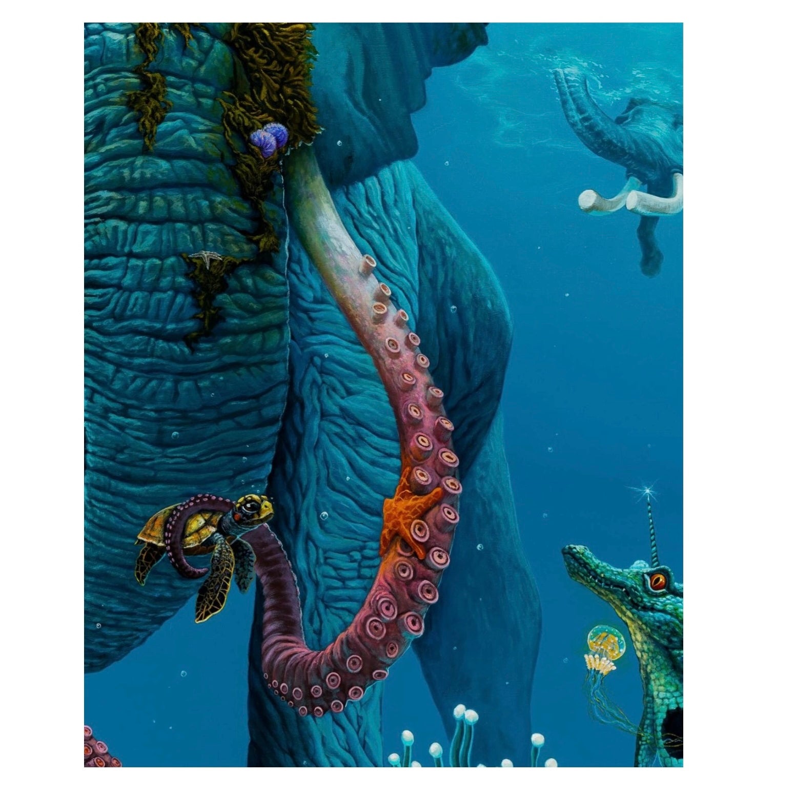A close up of an artistic print depicting a colorful underwater scene with a central elephant figure surrounded by fish and coral.