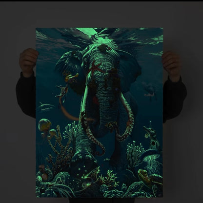 A UV shot of an artistic print depicting a colorful underwater scene with a central elephant figure surrounded by fish and coral.