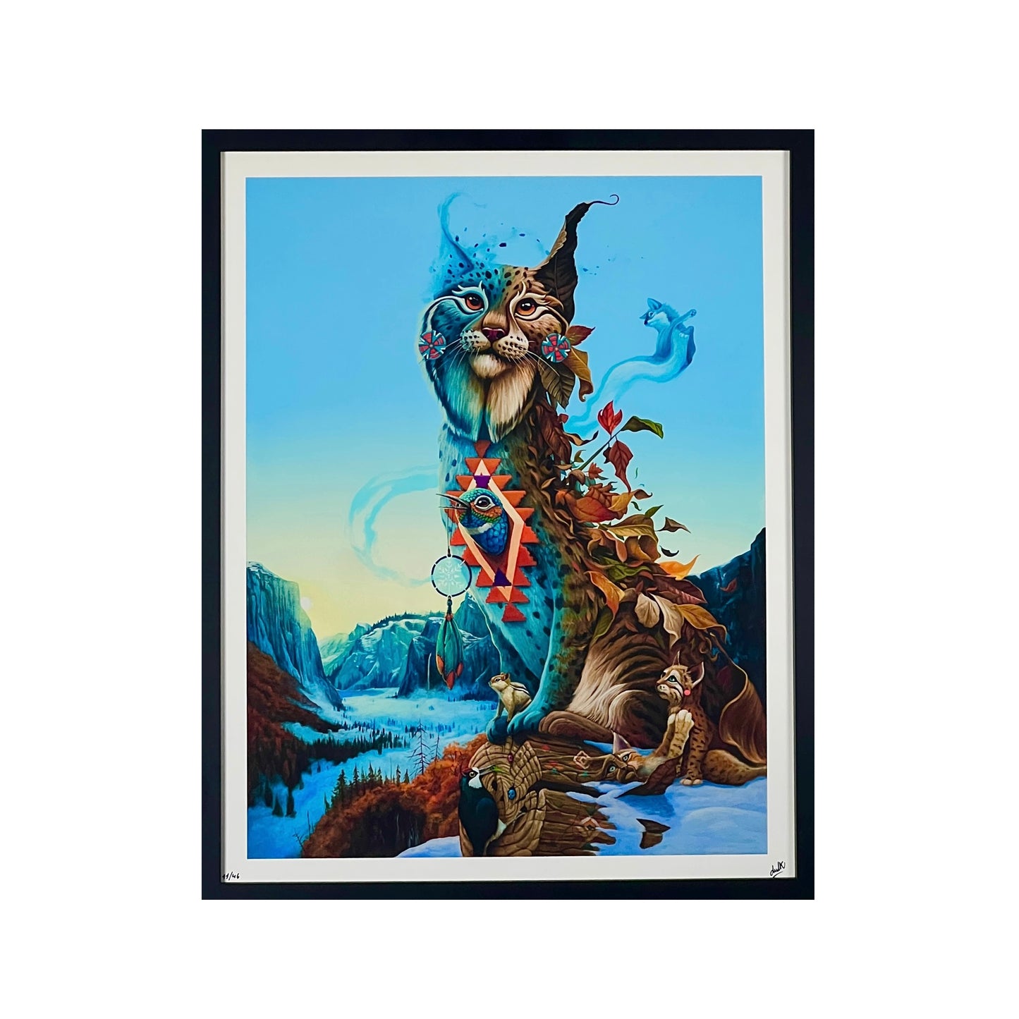 Framed artwork of a mystical creature with a mountainous landscape in the background.