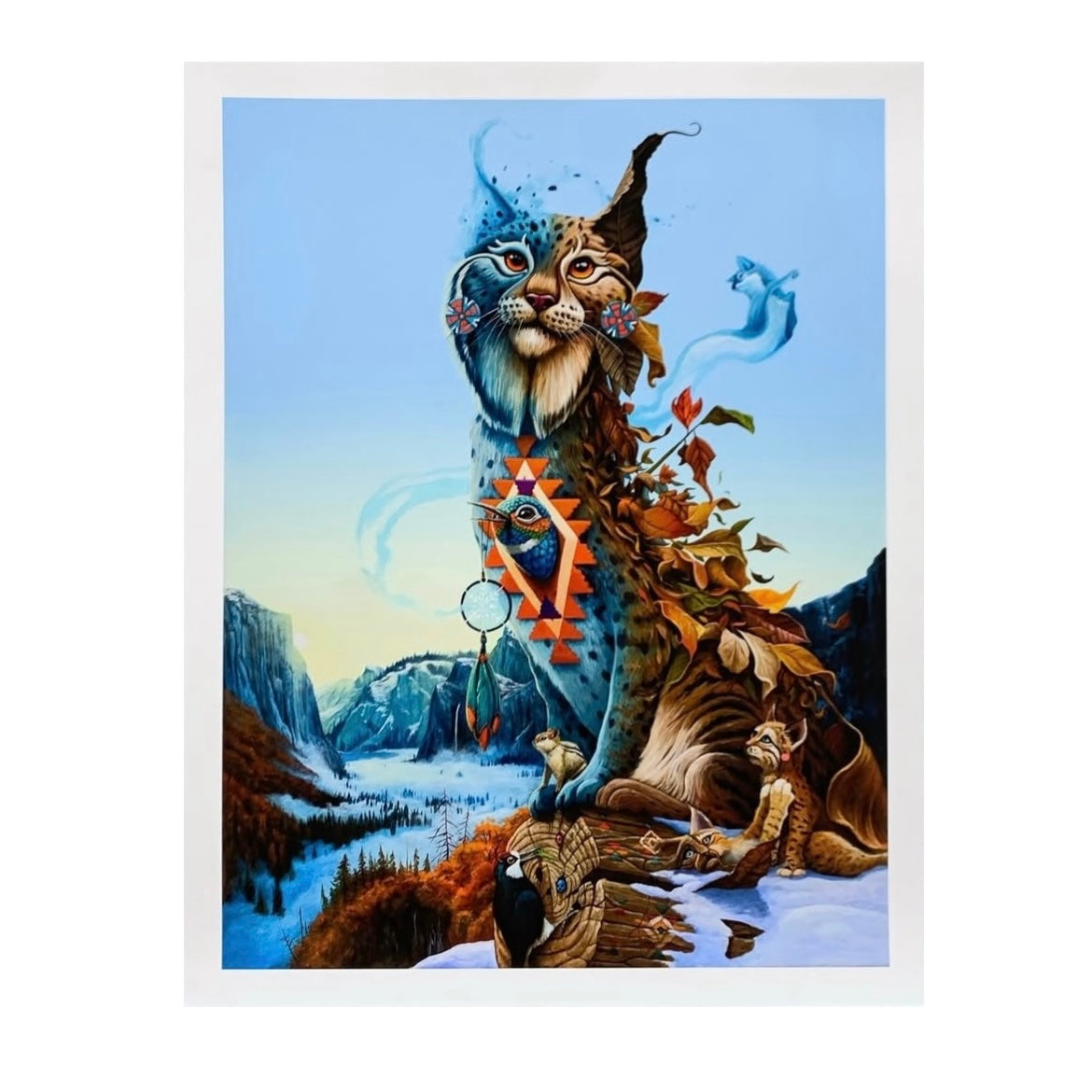 Framed artwork of a fantasy creature with a mountainous landscape in the background.