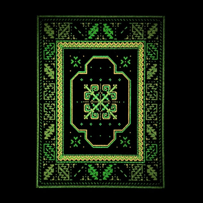 A rectangular rug with a geometric pattern featuring a central blue and purple abstract design, surrounded by a black border with additional geometric patterns in green and yellow.