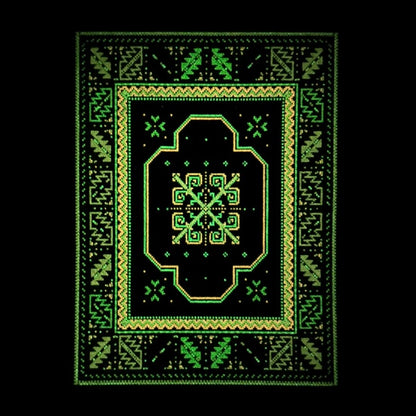 A rectangular rug with a geometric pattern featuring a central blue and purple abstract design, surrounded by a black border with additional geometric patterns in green and yellow.